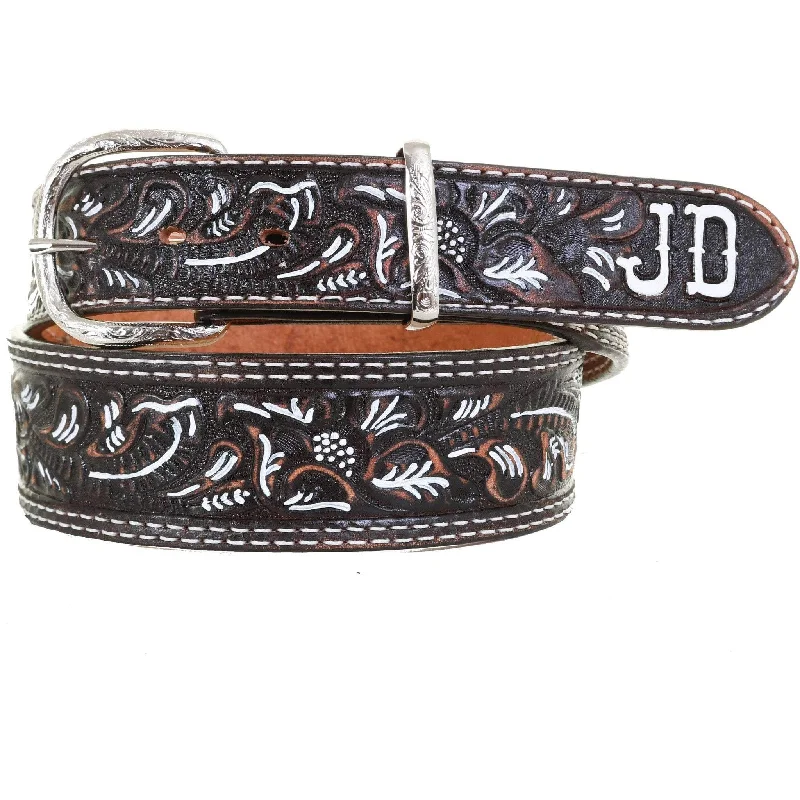 leather belt with bold buckle design -B1064B - FAST SHIP Brown Vintage Tooled Belt with Initials