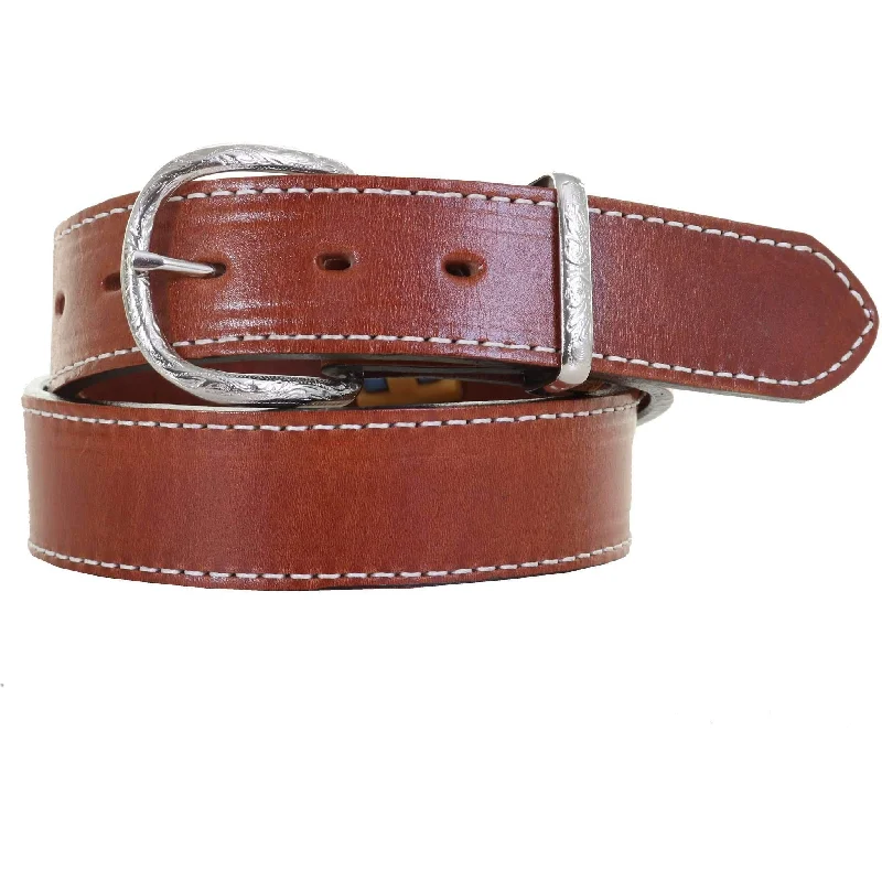 leather waist belt with woven detail -B107 - Chestnut Stitched Leather Belt