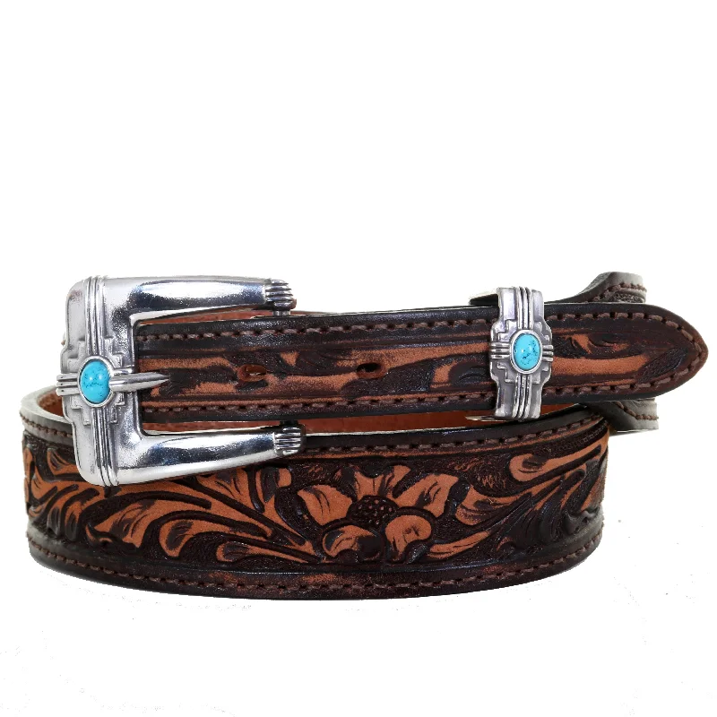 casual brown leather waist belt for men -B1077 - Brown Vintage Floral Tooled Belt