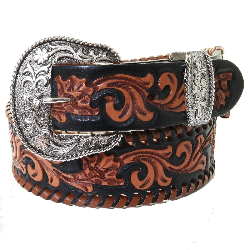 trendy wide waist belt with metallic accents -B1082 - Floral Tooled and Whip Stitched Belt