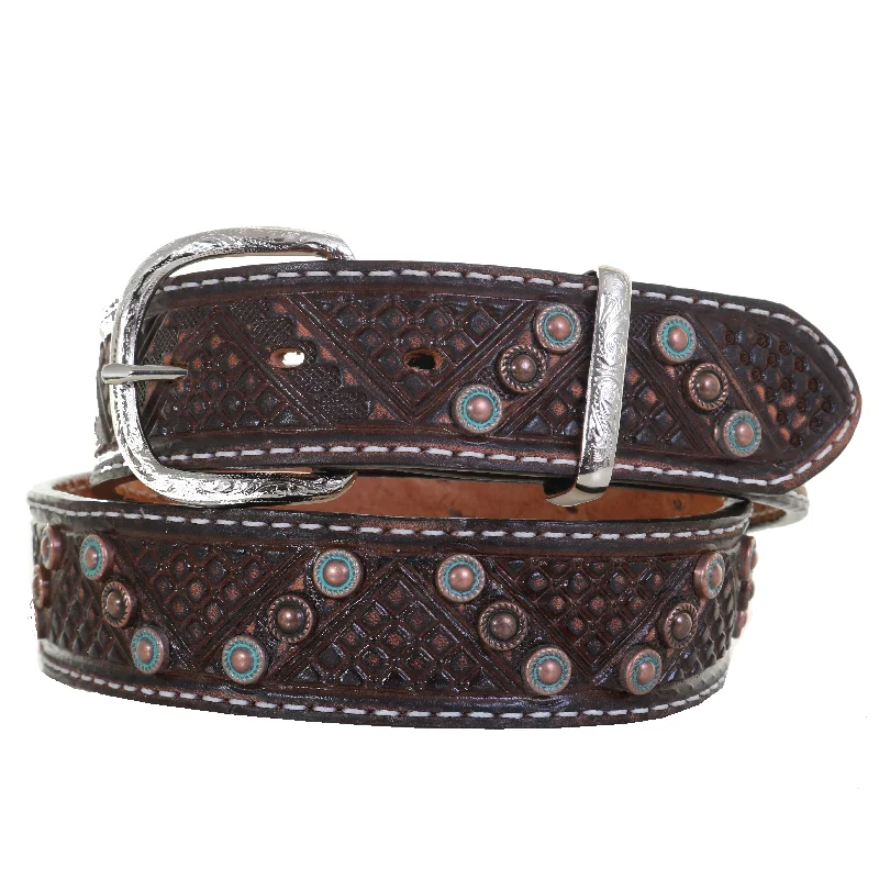 leather belt with buckle for casual pants -B1083 - Brown Vintage Tooled and Studded Belt