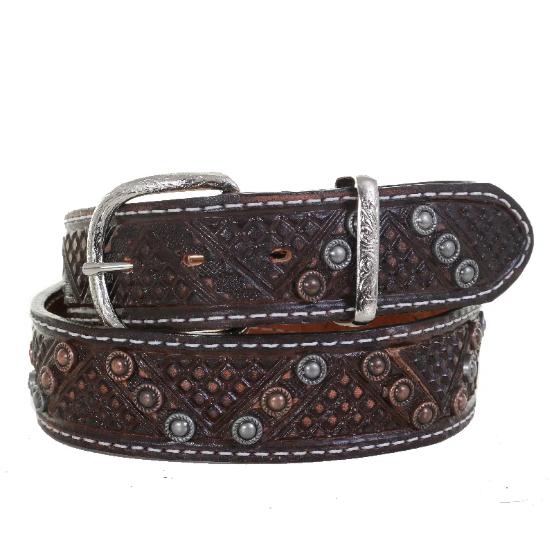 elegant waist belt for trendy skirts -B1083A - Brown Vintage Tooled and Studded Belt