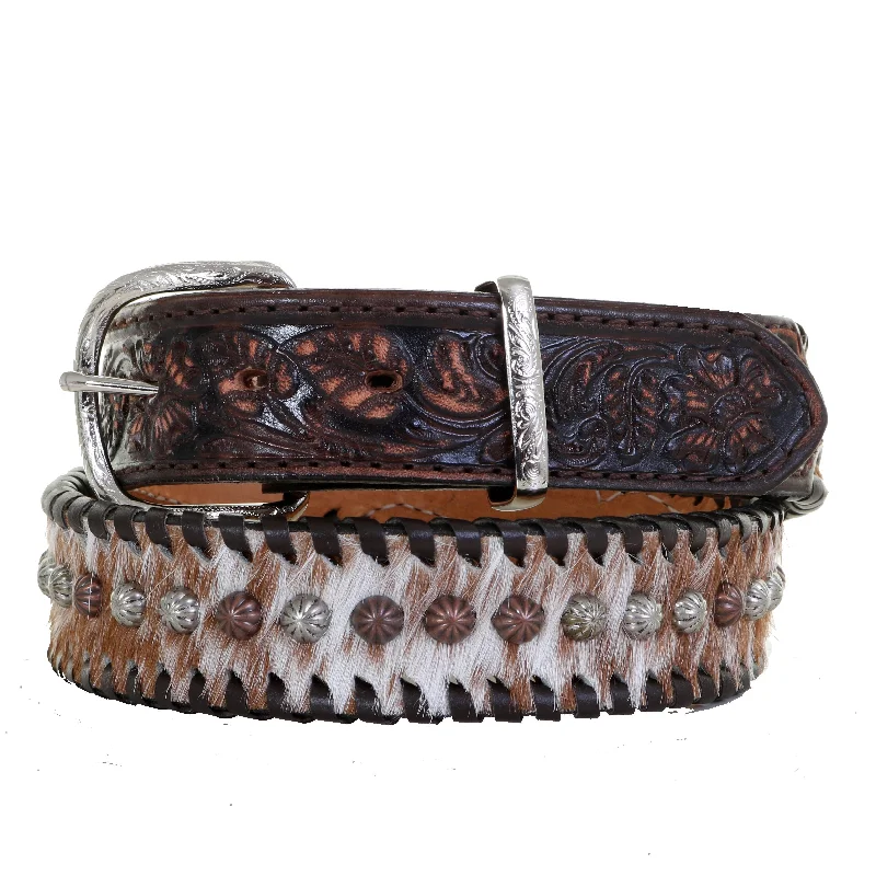 belt with silver embellishment for men -B1084 - Roan Hair Studded and Whip Stitched Belt