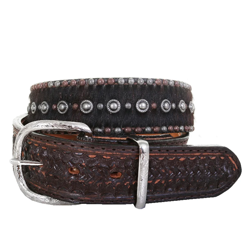 men’s leather waist belt with simple buckle -B1087 - Brindle Hair Tooled and Studded Belt