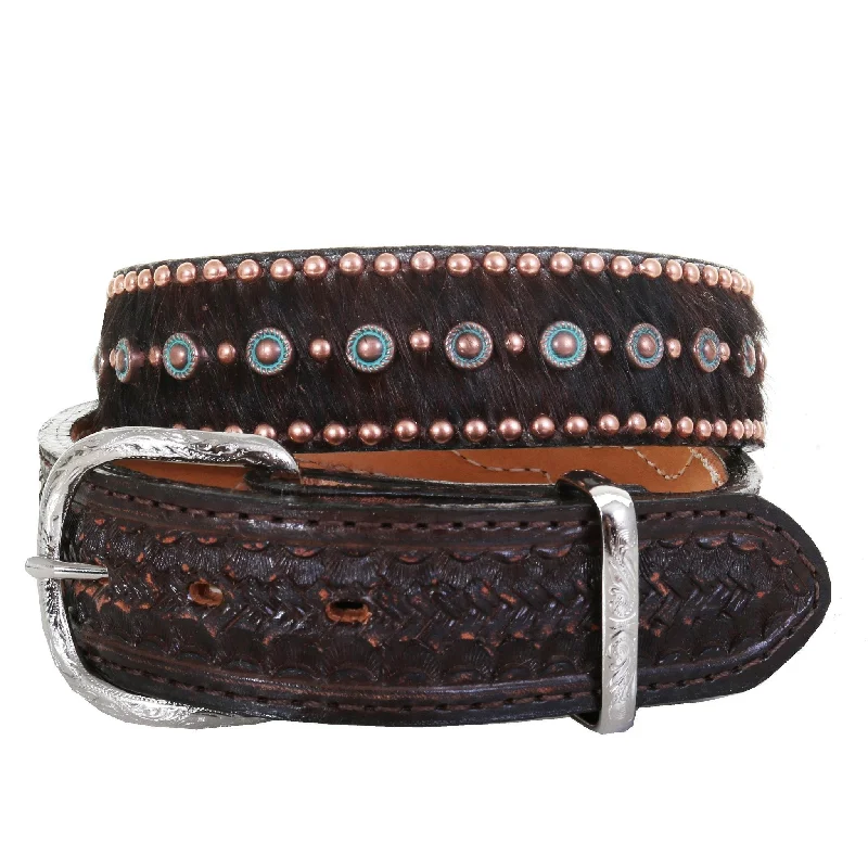 adjustable leather waist belt with rhinestones -B1087A - Brindle Hair Tooled and Studded Belt