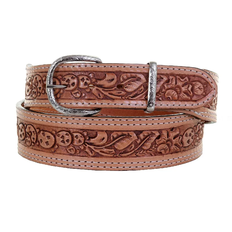 thin leather belt for formal trousers -B1090 - Natural Floral/Cactus Tooled Belt