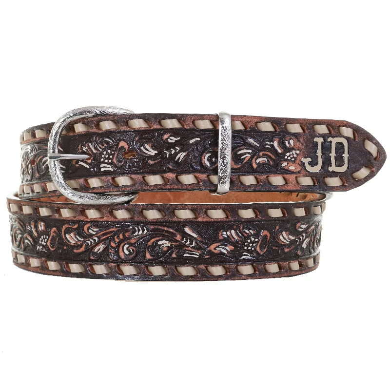 leather belt with smooth finish -B1092A - FAST SHIP Brown Vintage Floral Tooled Belt