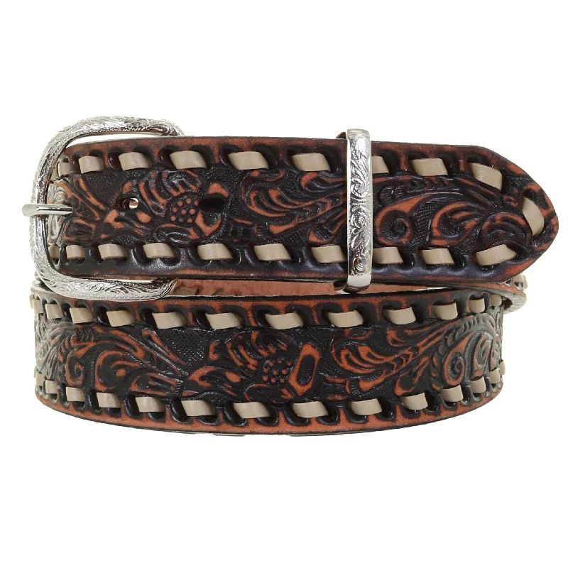 belt with unique clasp design -B1092B - FAST SHIP Brown Vintage Floral Tooled Belt