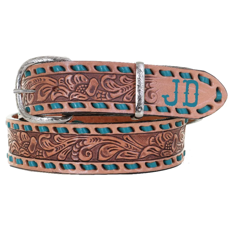 leather waist belt for special occasions -B1093 - FAST SHIP Natural Floral Tooled Belt with Initials