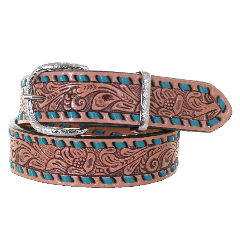 leather waist belt with pattern design -B1093B - Natural Floral Tooled Belt