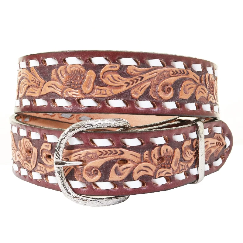 wide waist belt for dressy occasions -B1093C - Natural Floral Tooled Belt