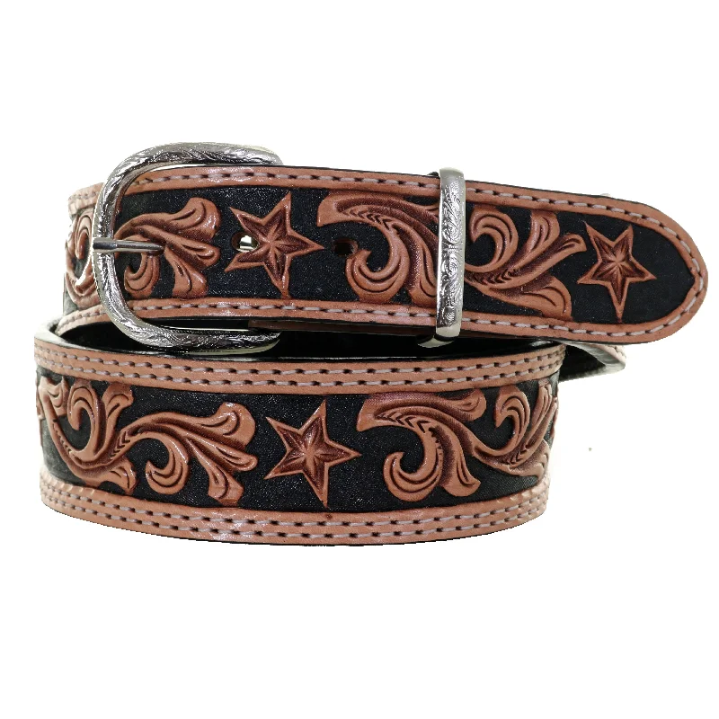 premium leather waist belt for workwear -B1123 -  Swirl and Star Tooled Belt