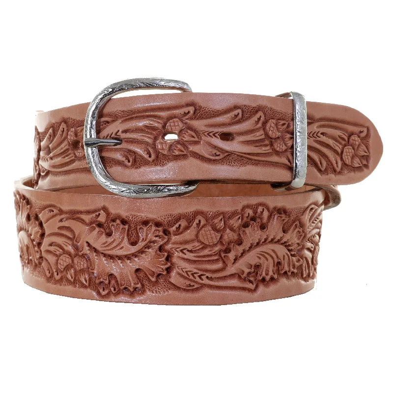 belt for office dress with gold buckle -B1125 -  Acorn Oak Leaf Tooled Belt