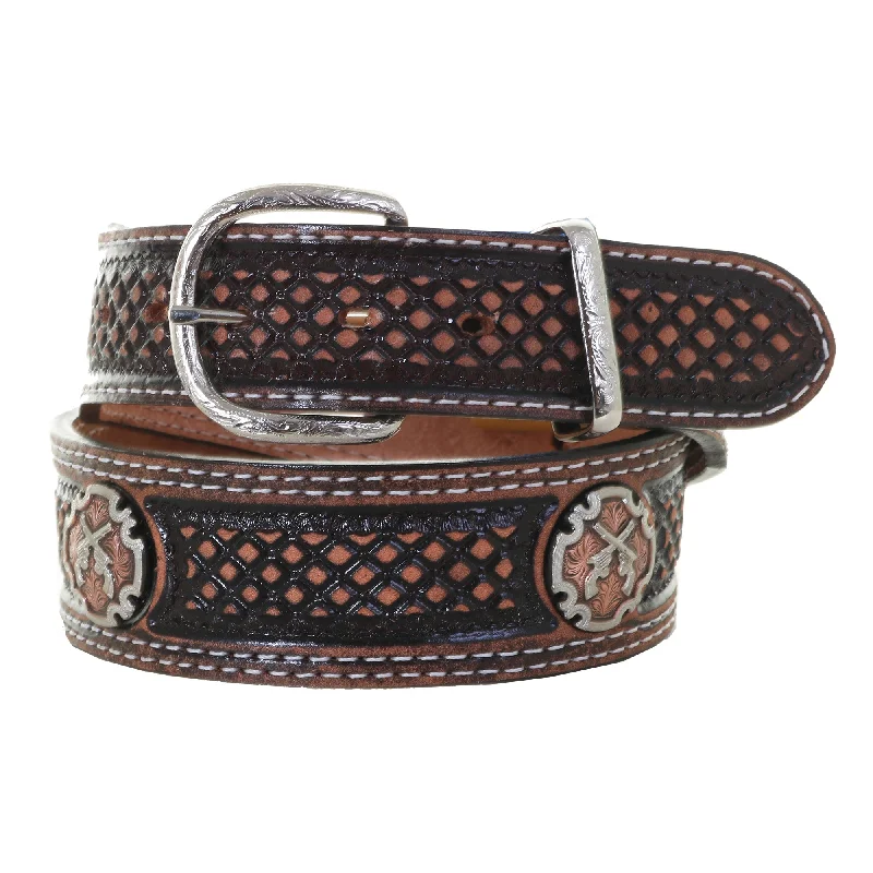 adjustable belt with decorative stitching -B1127 -  Brown Vintage Diamond Tooled Belt