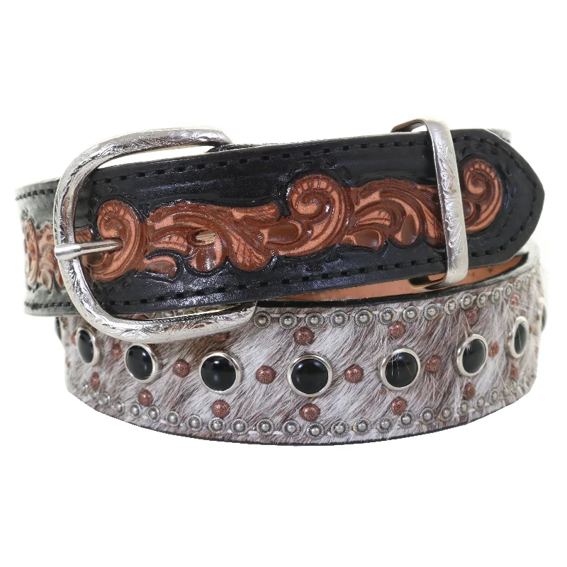 wide leather waist belt with fashionable details -B1137 - Roan Cowhide Belt