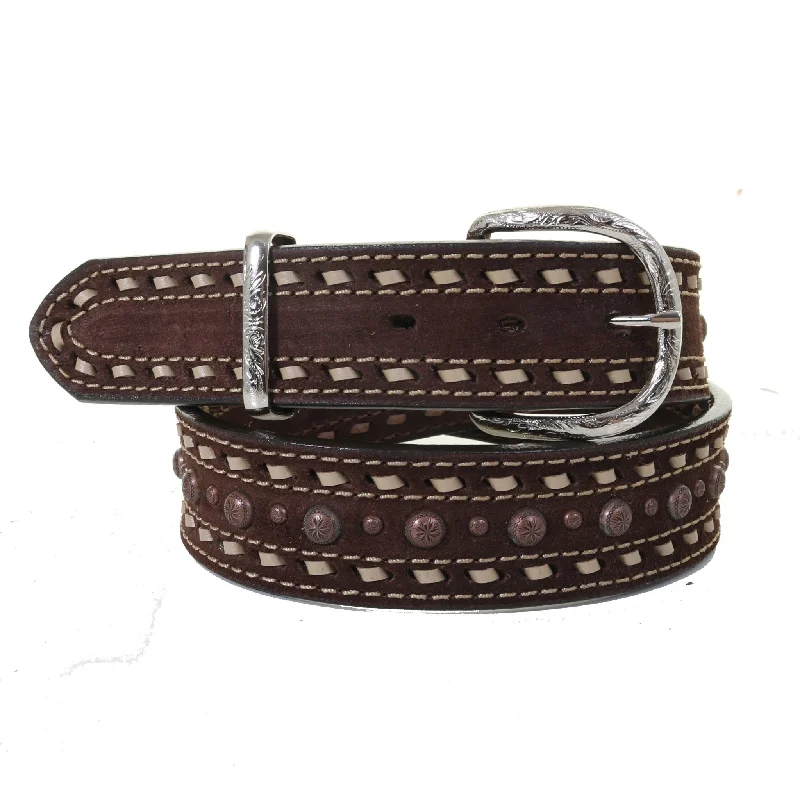 men’s casual leather waist belt -B1157A - Brown Rough Out Buckstitched & Dotted Belt