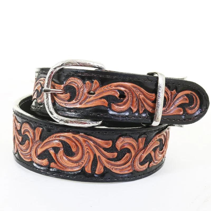 belt with large buckle for office wear -B1193B - Black Tooled Belt