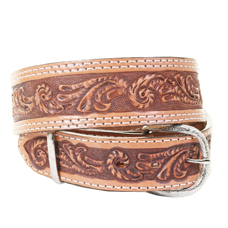 belt for summer dresses with floral design -B1197 - Natural Leather Tooled Belt