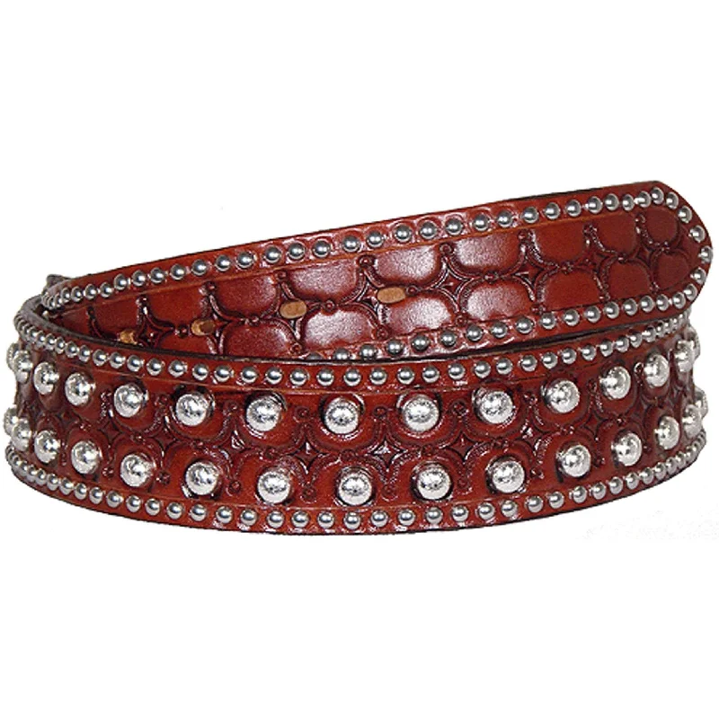 wide fabric waist belt with buckle -B121 - Cognac Tooled Studded Belt