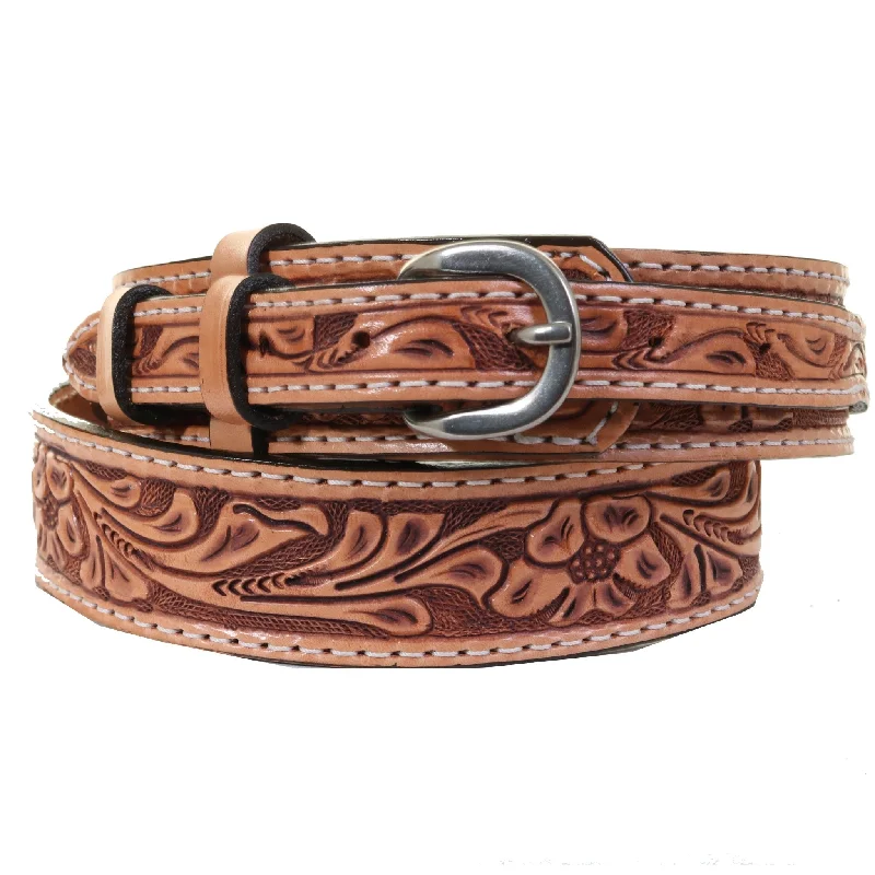 wide waist belt for modern dress -B1215 - Natural Floral Tooled Ranger Belt