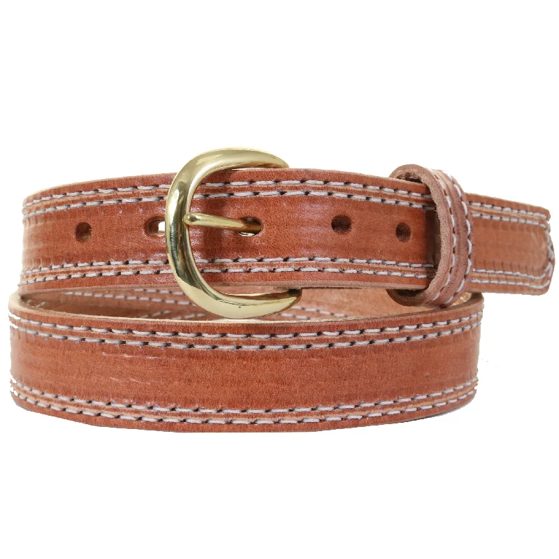 slim leather belt with adjustable buckle -B1218 - Harness Leather Stitched Belt