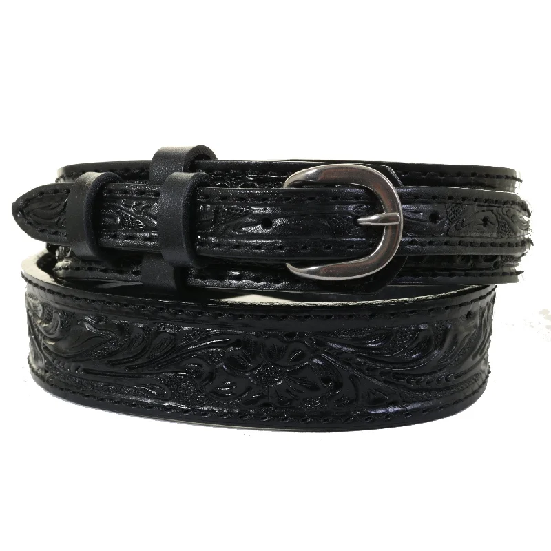 belt for casual attire with classic buckle -B1219 - Black Floral tooled Ranger Belt