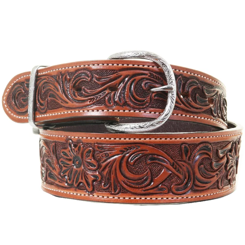 braided leather belt for casual attire -B1227A - Chestnut Floral Whirlwind Belt