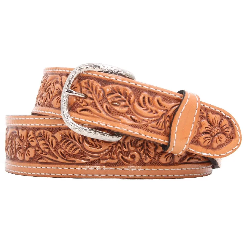 slim waist belt for business attire -B125 - Natural Leather Tooled Belt