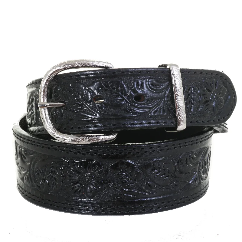 casual black waist belt for jeans -B125B - Black Floral Tooled Belt