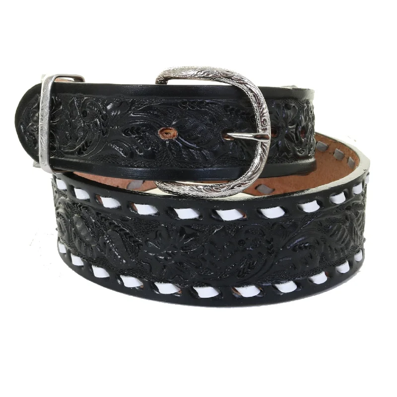 trendy leather waist belt for skirts -B125C - Black Floral Tooled Belt