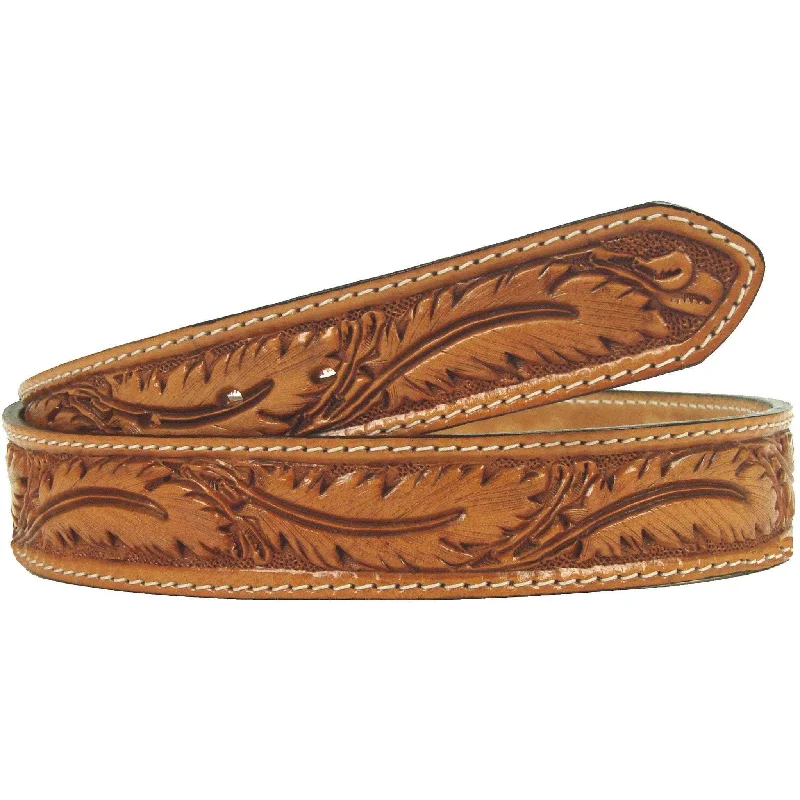 leather belt with designer hardware -B160 - Natural Feather Tooled Stitched Belt