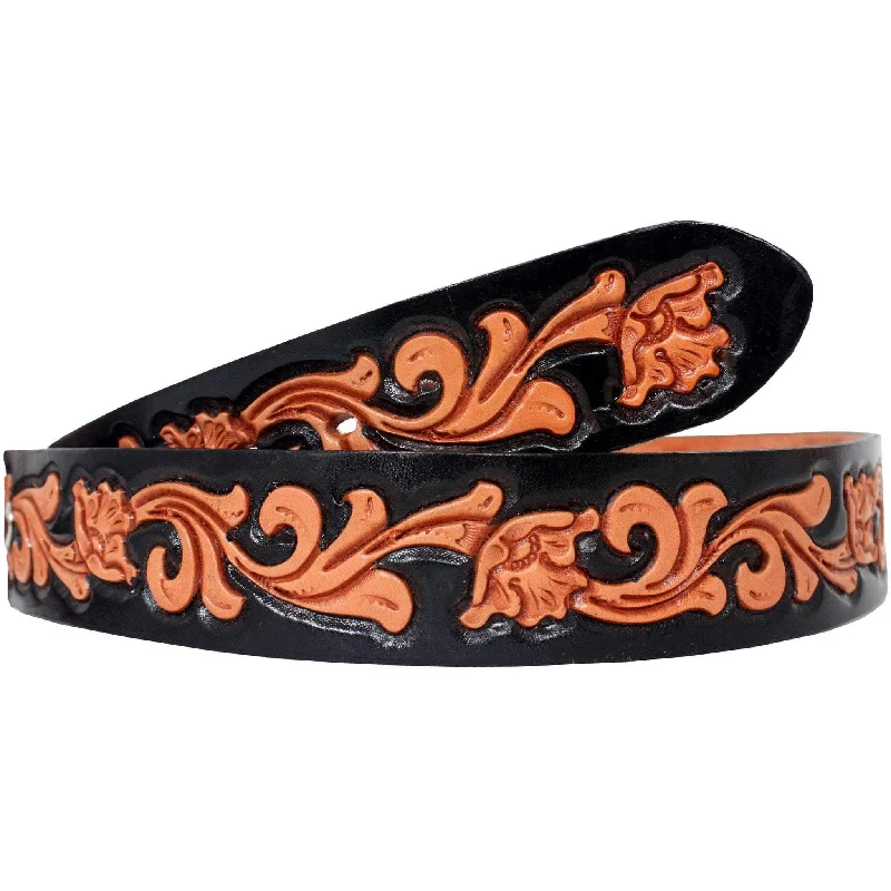 designer waist belt for casual dresses -B164 - Floral Tooled Black Background Belt