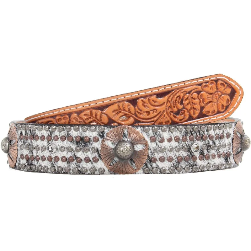 luxury leather belt for men’s suits -B173 - Roan Hair and Floral Tooled Belt