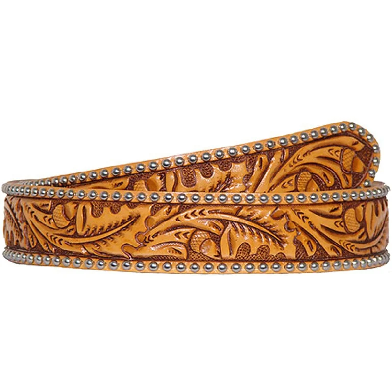 elegant waist belt for work dresses -B342 - Natural Leather Acorn Tooled Studded Belt