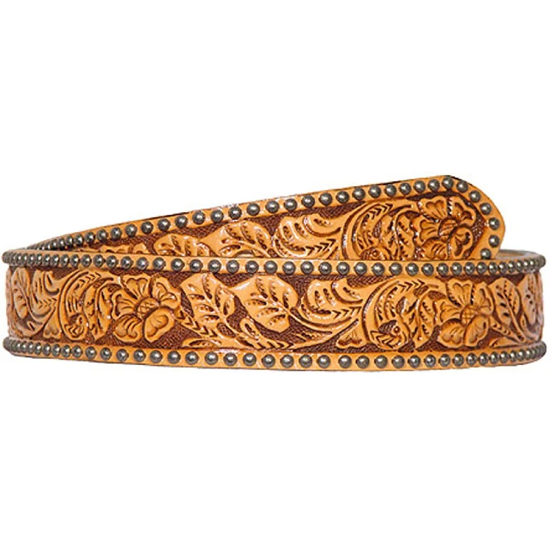 braided leather belt with brass buckle -B344 - Natural Leather Floral Tooled Studded Belt