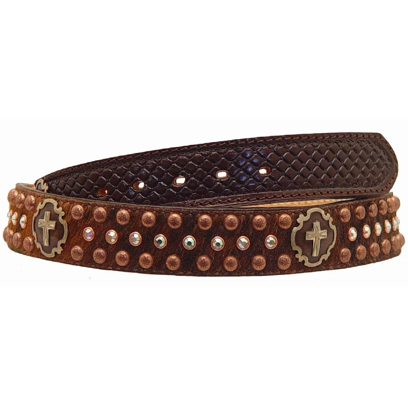 men’s woven leather belt for casual use -B358 - Brindle Hair Crystaled Tooled Belt