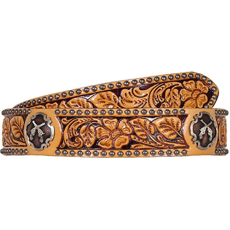 trendy waist belt for women’s office wear -B465 - Natural Leather Floral Tooled Belt