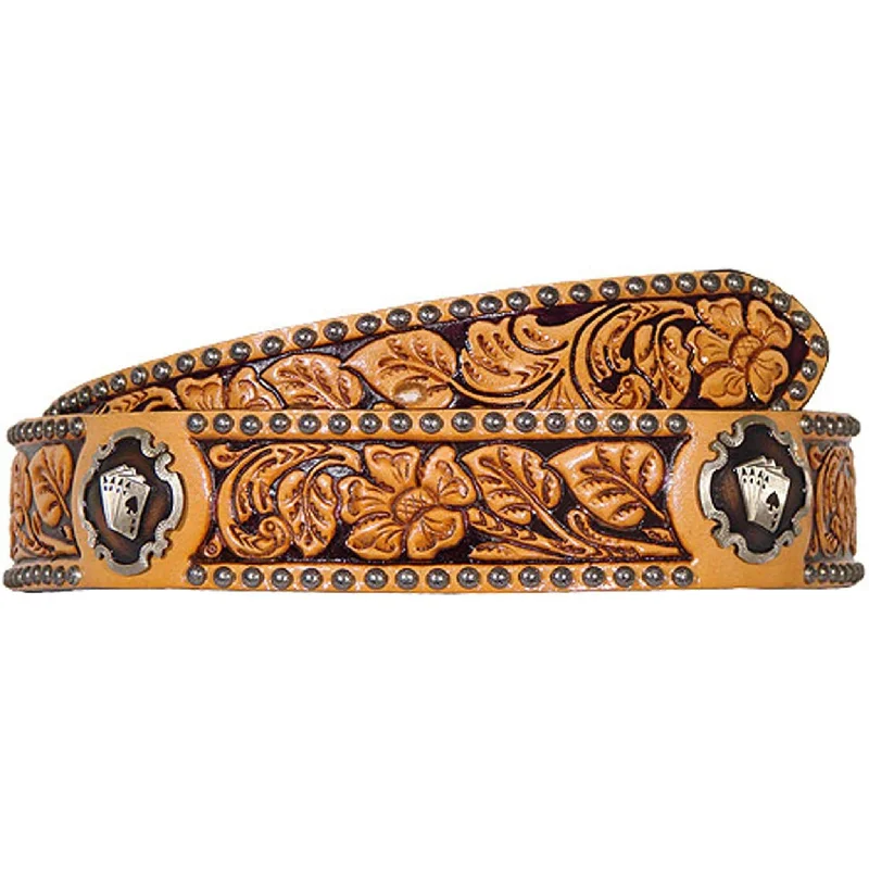 fashionable leather waist belt with stud detail -B466 - Natural Leather Floral Tooled Concho Belt