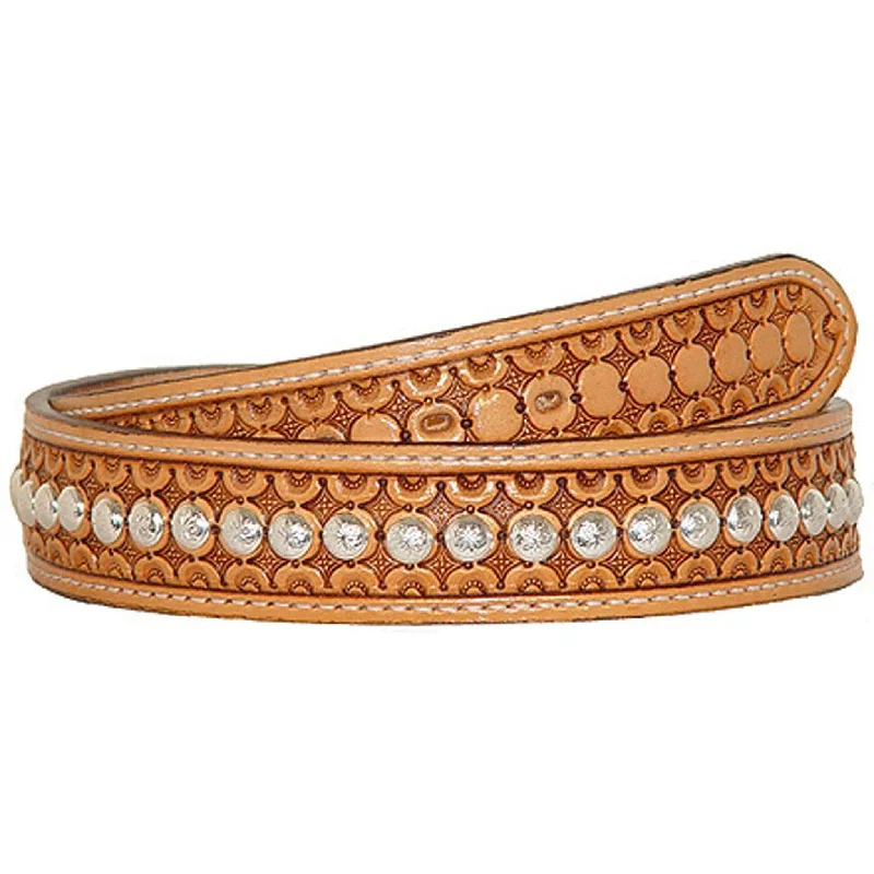 leather belt with antique-style buckle -B530 - Natural Tooled Studded Belt