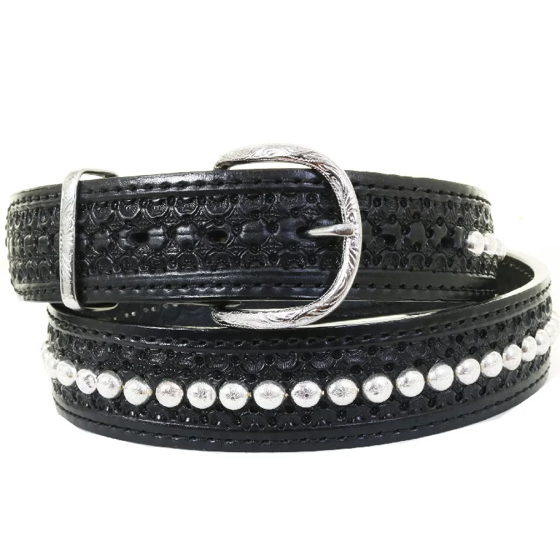 wide waist belt with embroidered design -B530A - Black Leather Tooled Studded Belt