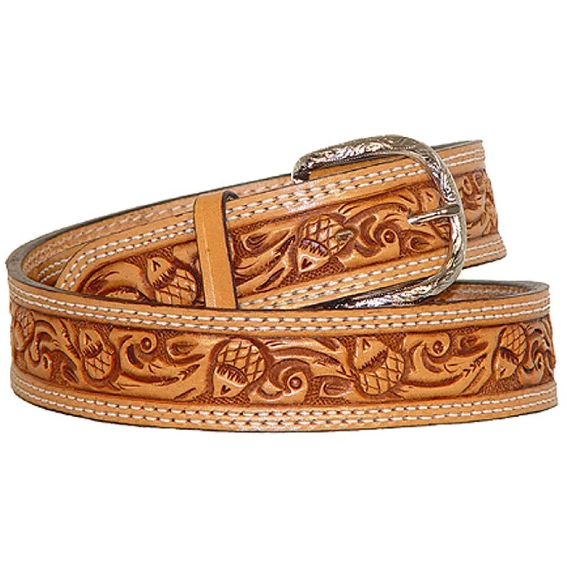 casual stretchable waist belt for jeans -B543 - Natural  Leather Acorn Tooled Belt