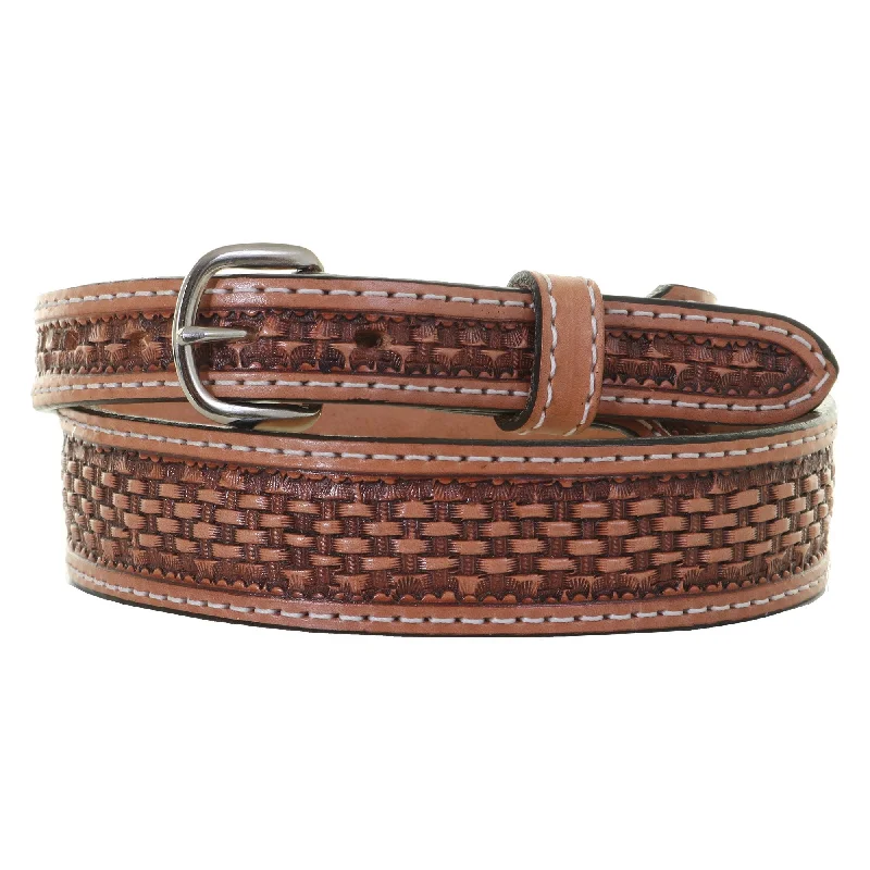 men’s casual waist belt with textured design -B574 - Natural Basket Weave Tooled Belt