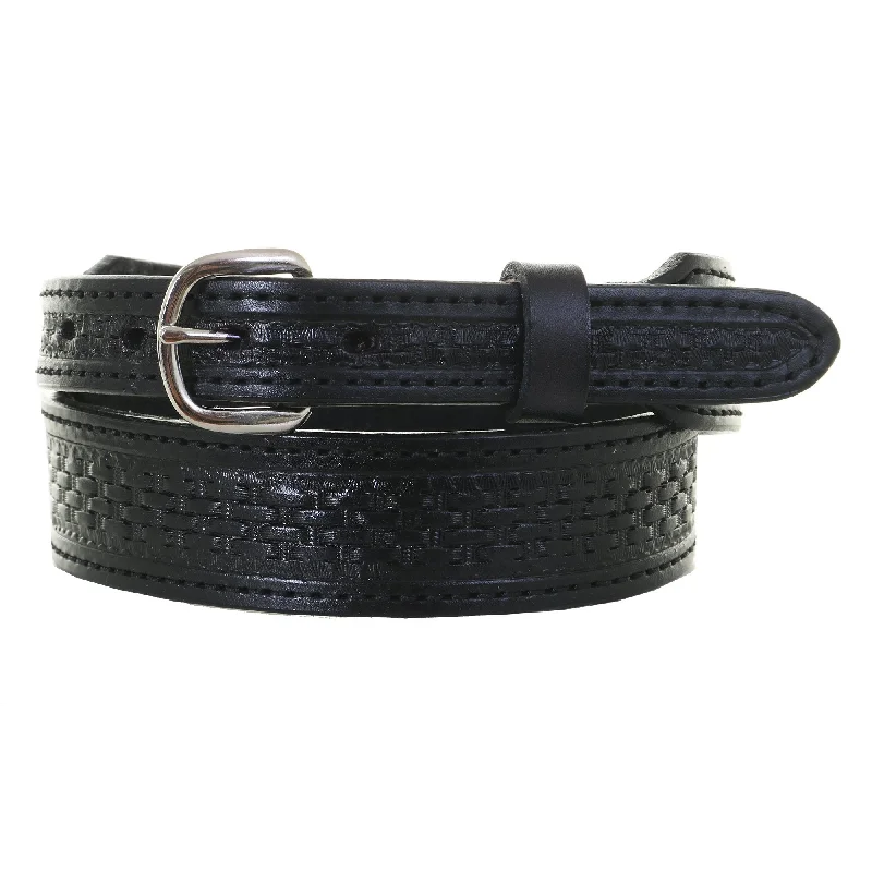 adjustable leather waist belt with buckle -B574B - Black Basket Weave Tooled Belt