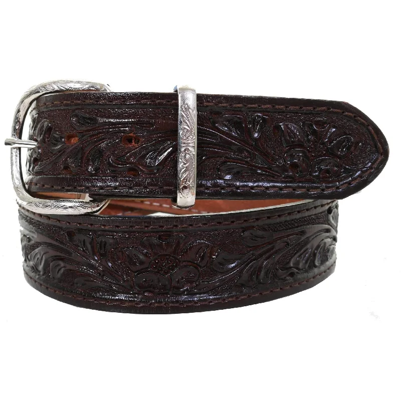 stylish belt for leather pants -B580 - Brown Floral Tooled Belt