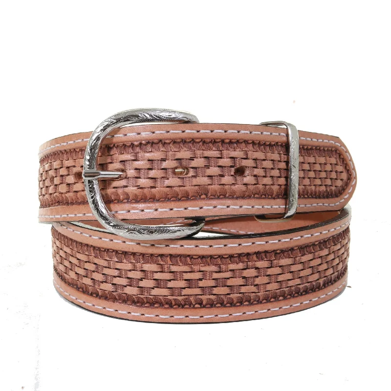 comfortable leather waist belt for trousers -B619 - Natural Basket Weave Tooled Belt