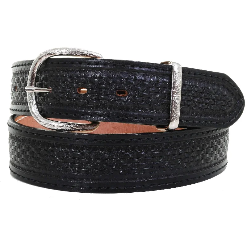 women’s skinny leather belt with buckle -B620 - Black Basket Weave Tooled Belt