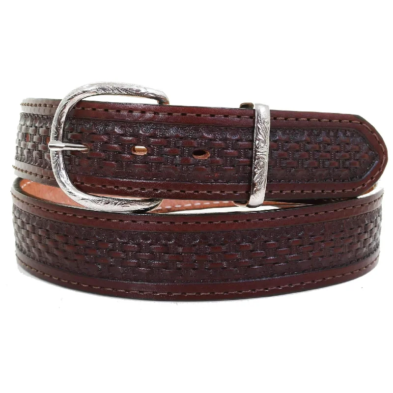 soft leather belt for business attire -B622 - Cognac Basket Weave Tooled Belt