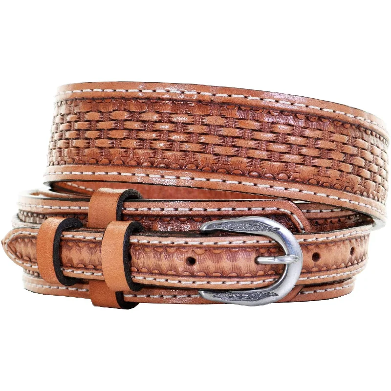 chic wide belt for casual outfits -B631 - Basket Weave Tooled Ranger Belt