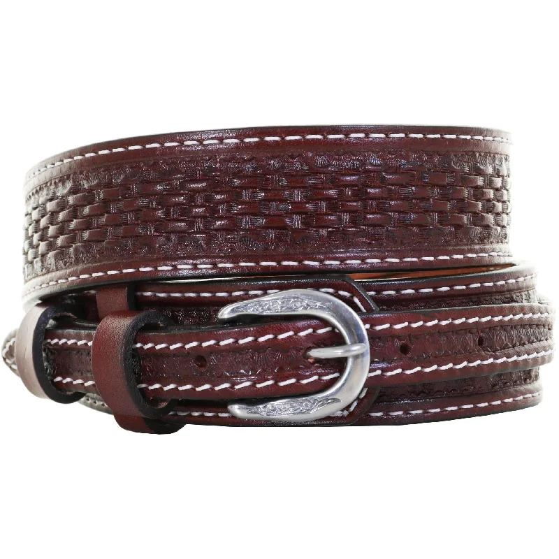 casual leather waist belt for men -B635 - Cognac Leather Tooled Ranger Belt