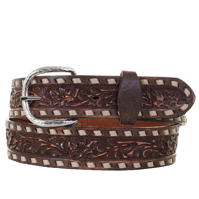 high-end leather waist belt -B708C - Brown Vintage Tooled Belt